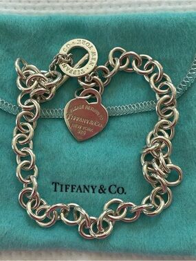 Tiffany & Co. Silver Heart Tag Toggle Bracelet on Blue Pouch